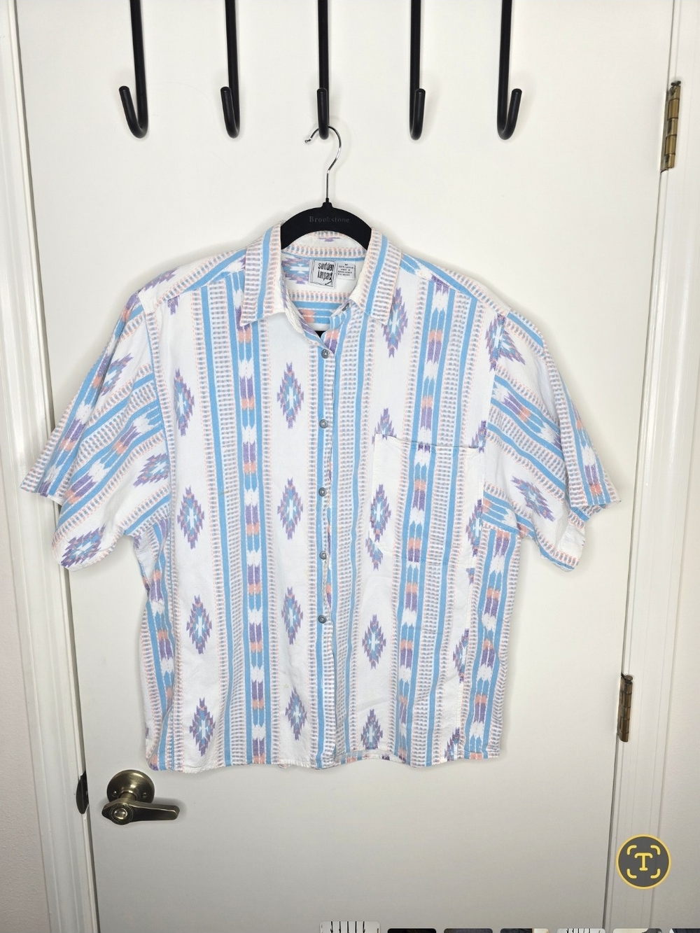 Vintage 90's Light Blue & White Printed Button-Down Shirt - Casual Women's Top